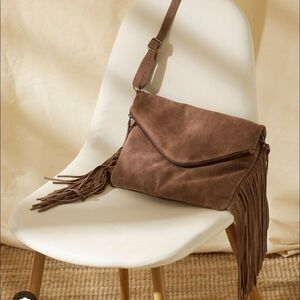 Cato brown faux suede crossbody/clutch with fringes
